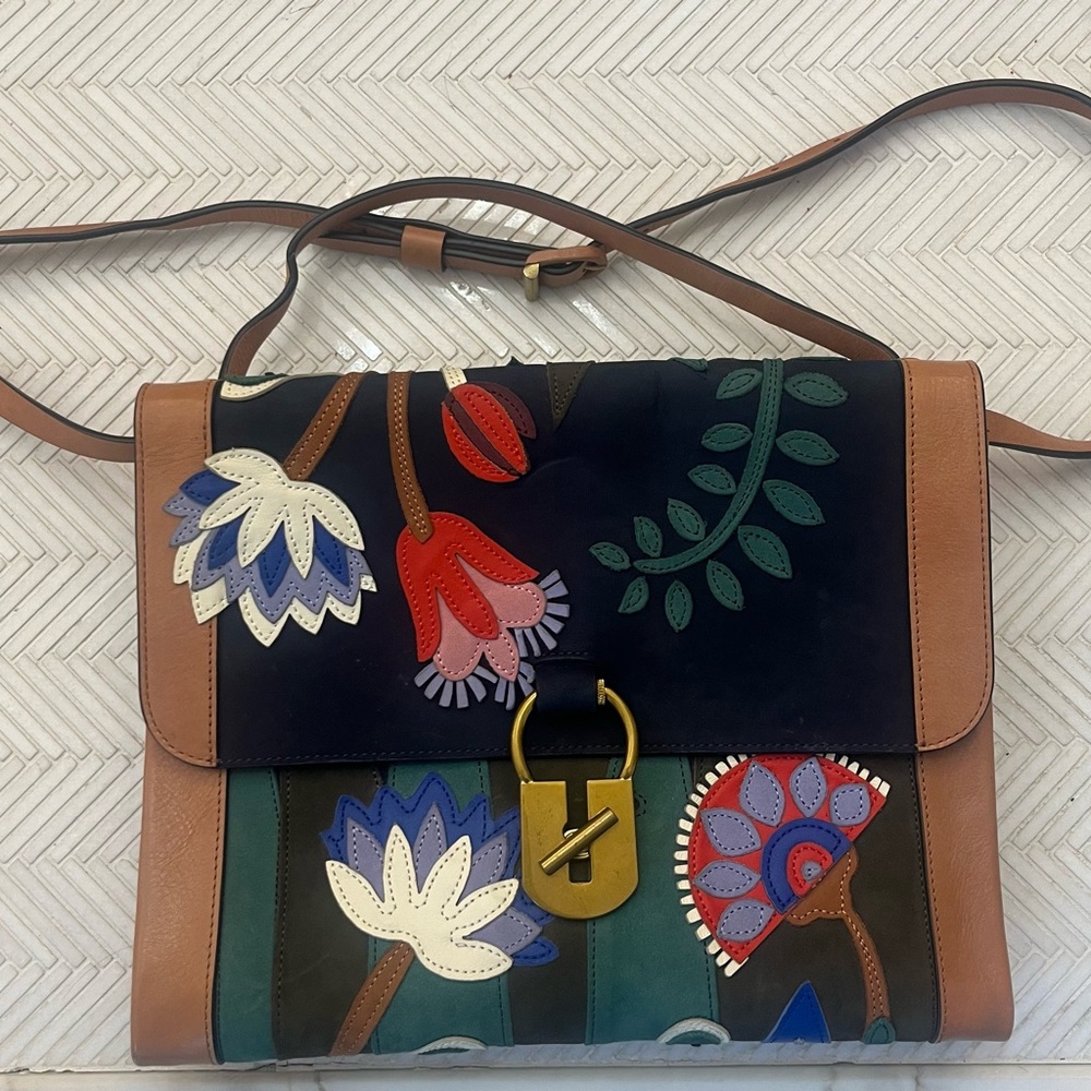 Leather Crossbody Shoulder Bag with Floral Appliqué - Black/Brown - Picture 2 of 7